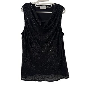 Linea by Louis DellOlio Top Womens XL Black Sequin‎ Cowl Neck Sleeveless Party